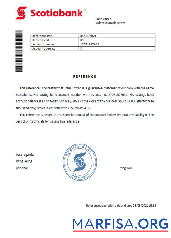 Printable Hong Kong Scotia bank reference real example